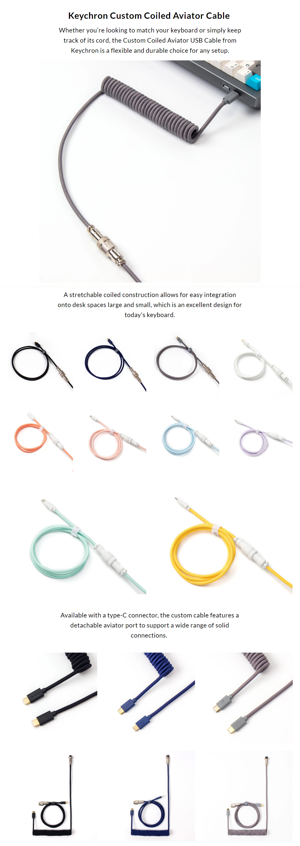 A large marketing image providing additional information about the product Keychron Custom Coiled Aviator Cable - Light Purple - Additional alt info not provided